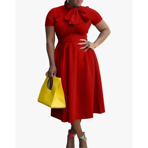 Memoriesea Dresses & Skirts - NEW Red Elegant Short Sleeve Career A-Line Dress Pockets 2X